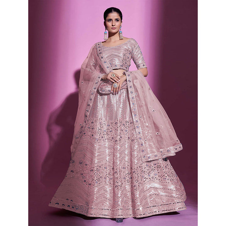 Odette Peach Silk Blend Embroidered Semi Stitched Lehenga with Unstitched Blouse (Set of 3)