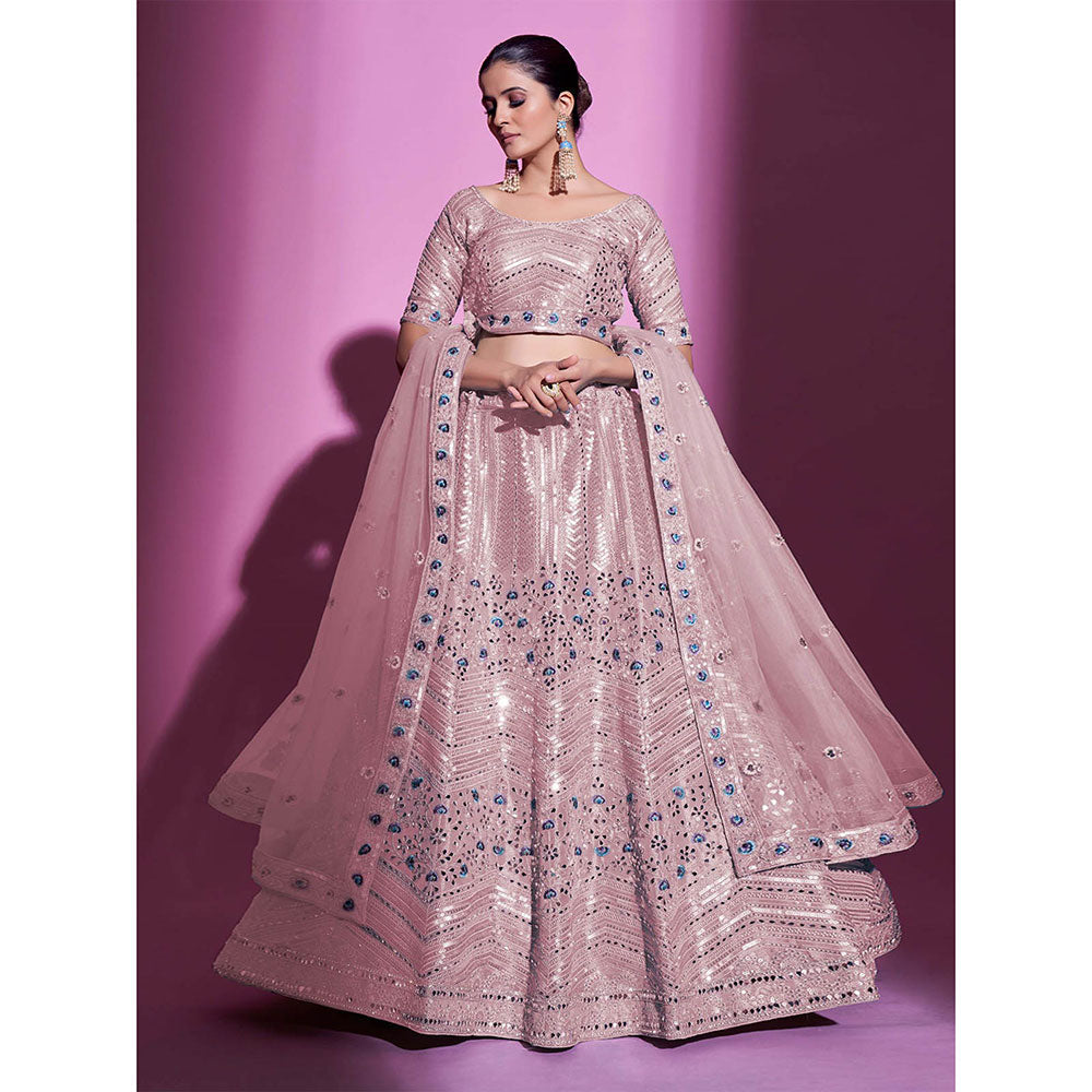 Odette Peach Silk Blend Embroidered Semi Stitched Lehenga with Unstitched Blouse (Set of 3)