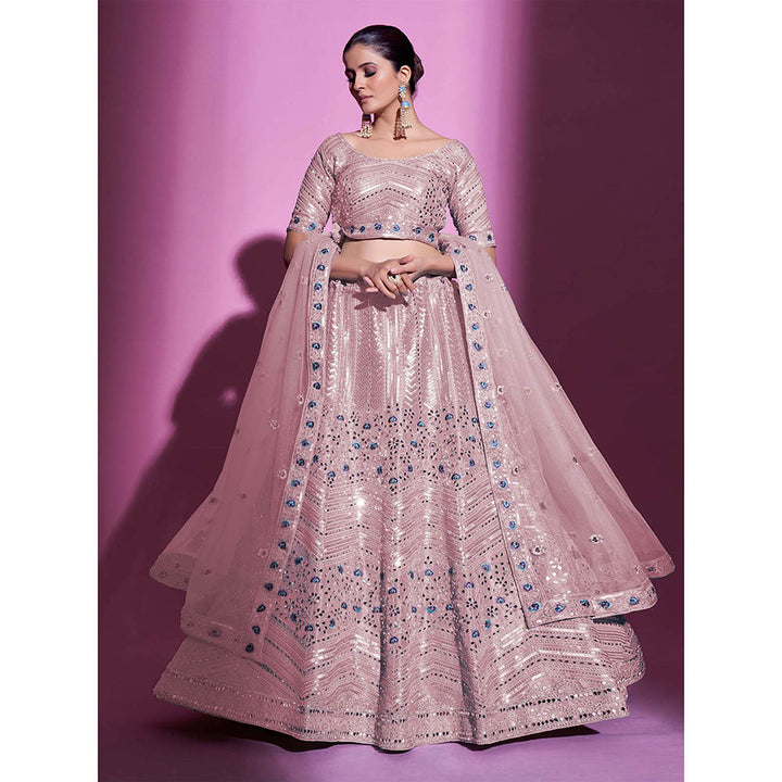 Odette Peach Silk Blend Embroidered Semi Stitched Lehenga with Unstitched Blouse (Set of 3)