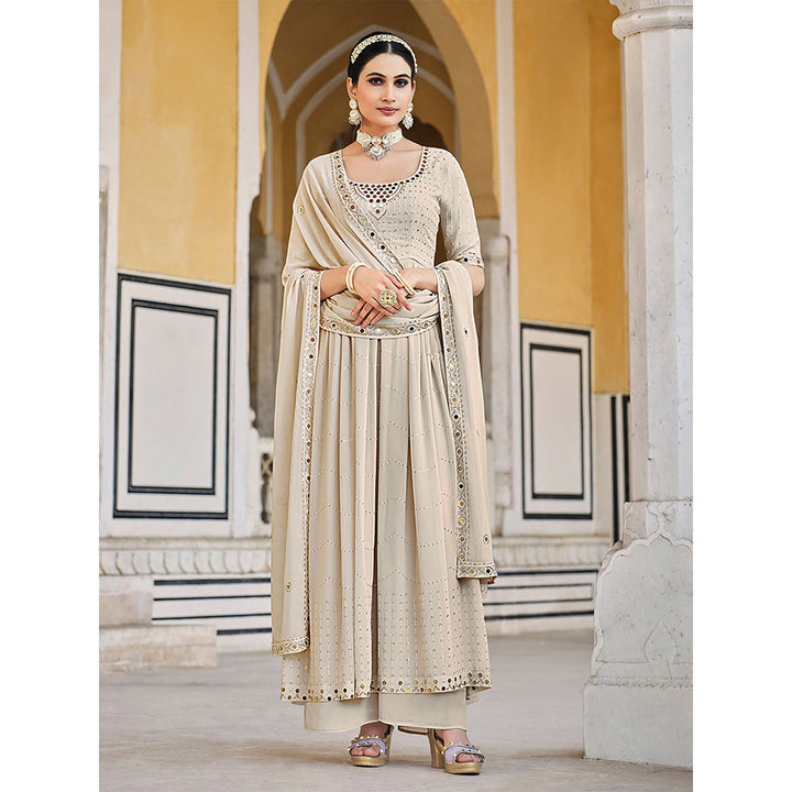 Odette Beige Georgette Embroidered Semi Stitched Anarkali Kurta With Palazzo And Dupatta (Set of 3)