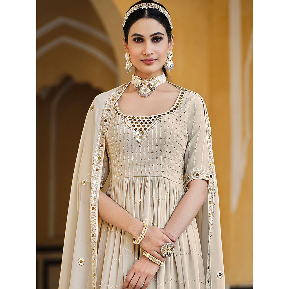 Odette Beige Georgette Embroidered Semi Stitched Anarkali Kurta With Palazzo And Dupatta (Set of 3)