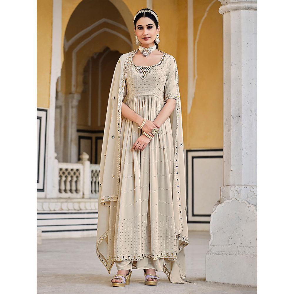 Odette Beige Georgette Embroidered Semi Stitched Anarkali Kurta With Palazzo And Dupatta (Set of 3)