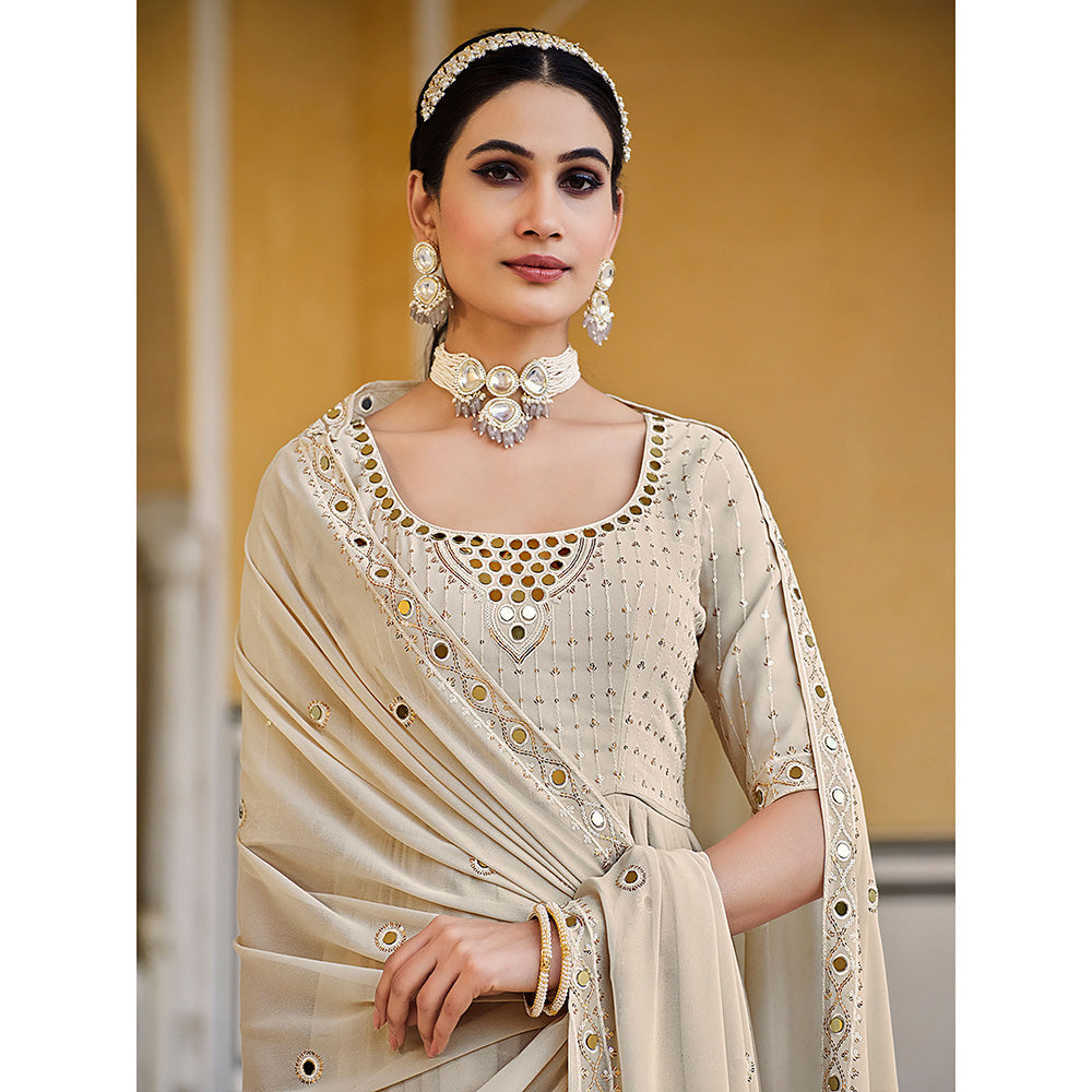 Odette Beige Georgette Embroidered Semi Stitched Anarkali Kurta With Palazzo And Dupatta (Set of 3)