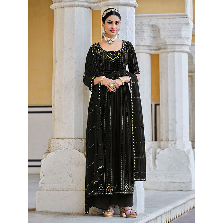 Odette Black Georgette Embroidered Semi Stitched Anarkali Kurta With Palazzo And Dupatta (Set of 3)