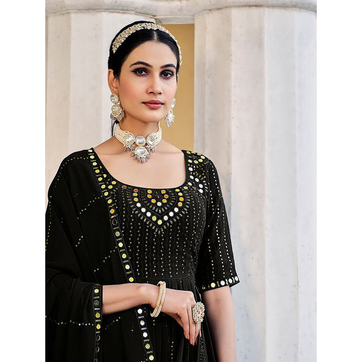 Odette Black Georgette Embroidered Semi Stitched Anarkali Kurta With Palazzo And Dupatta (Set of 3)