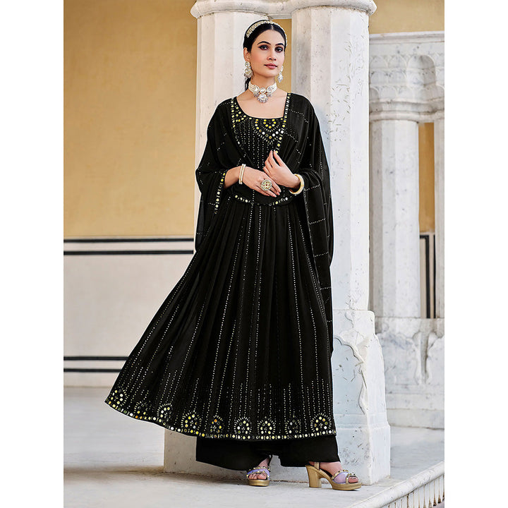 Odette Black Georgette Embroidered Semi Stitched Anarkali Kurta With Palazzo And Dupatta (Set of 3)