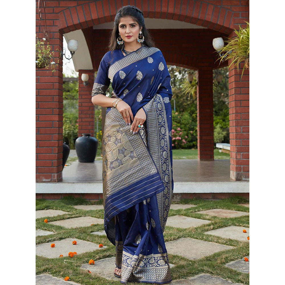 Odette Stunning Woven Navy Blue Banarasi Silk Saree With Unstitched Blouse