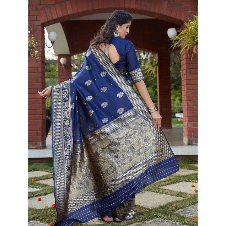 Odette Stunning Woven Navy Blue Banarasi Silk Saree With Unstitched Blouse