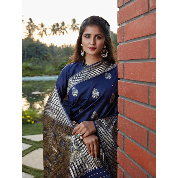 Odette Stunning Woven Navy Blue Banarasi Silk Saree With Unstitched Blouse