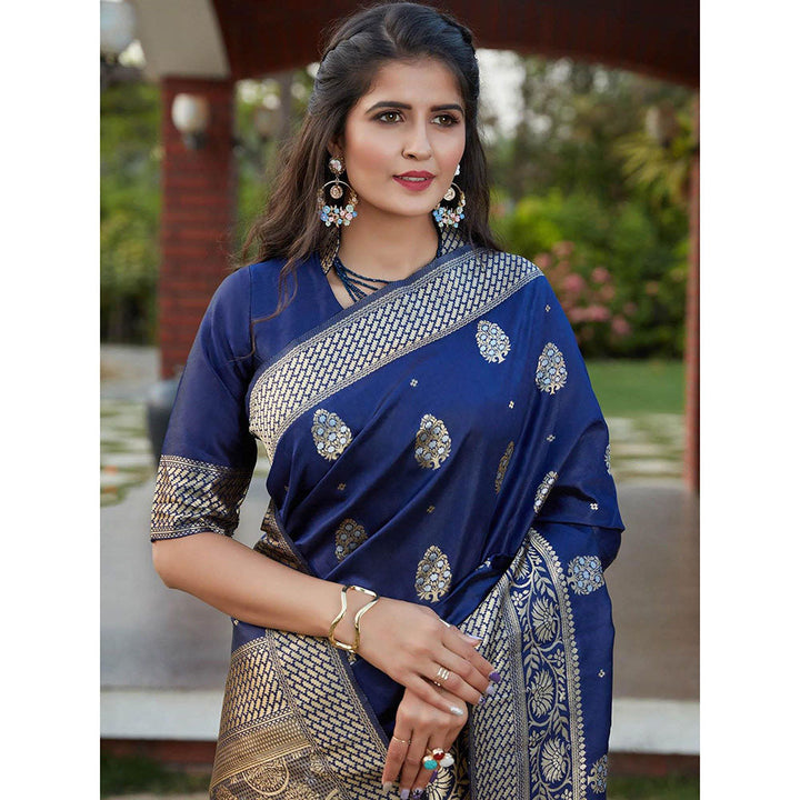 Odette Stunning Woven Navy Blue Banarasi Silk Saree With Unstitched Blouse