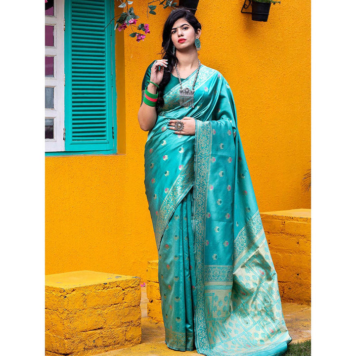 Odette Gorgeous Woven Blue Banarasi Silk Saree With Unstitched Blouse