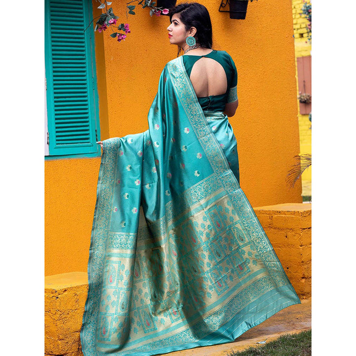 Odette Gorgeous Woven Blue Banarasi Silk Saree With Unstitched Blouse