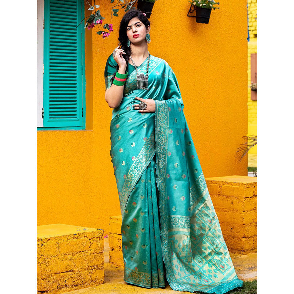 Odette Gorgeous Woven Blue Banarasi Silk Saree With Unstitched Blouse