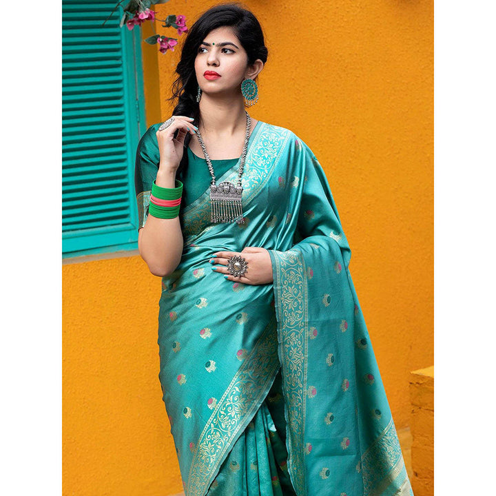 Odette Gorgeous Woven Blue Banarasi Silk Saree With Unstitched Blouse