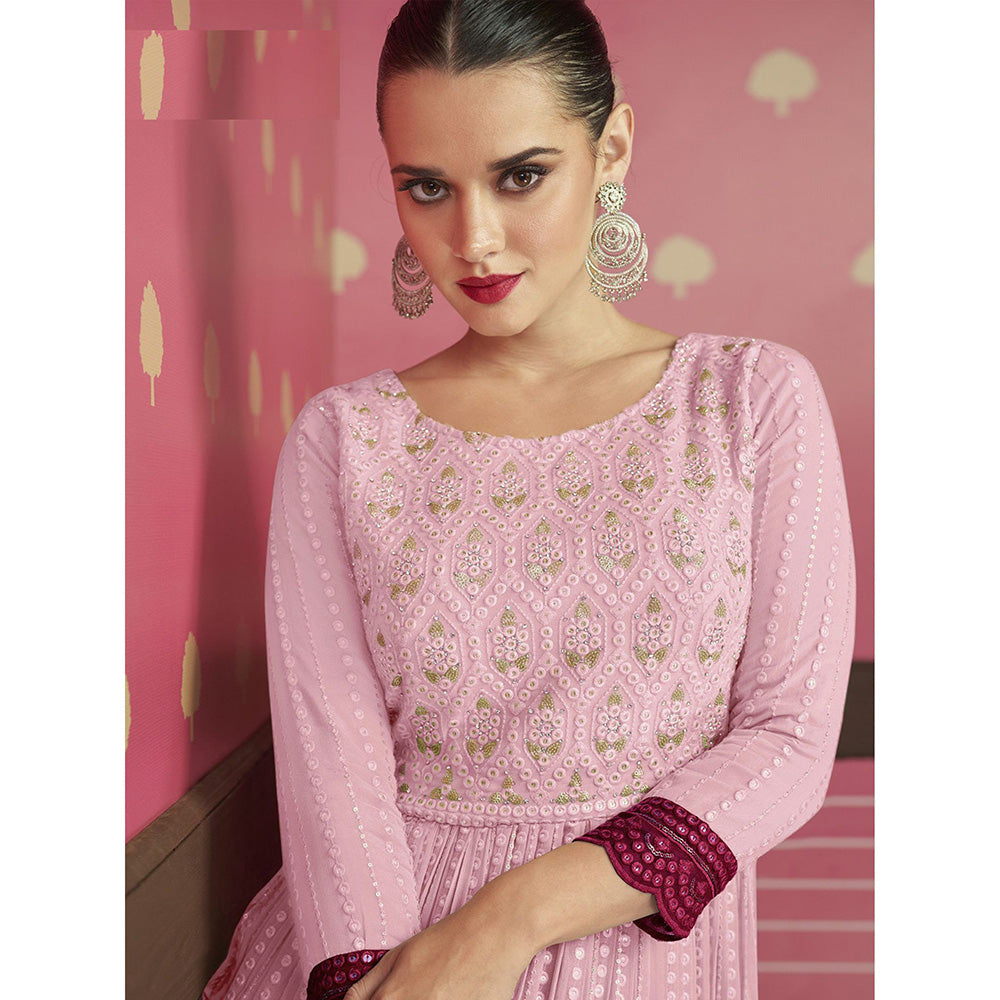 Odette Pink Faux Georgette Semi Stitched Kurta With Bottom And Dupatta (Set of 3)