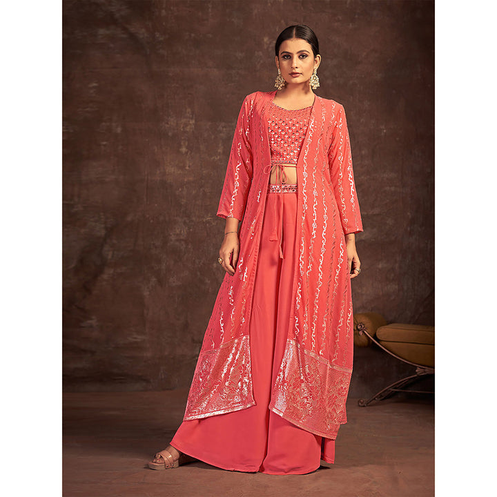 Odette Coral Georgette Stitched Indo Western Crop Top With Palazzo And Dupatta (Set of 3)