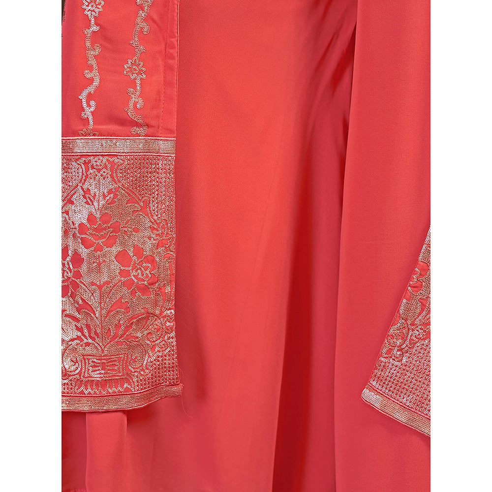 Odette Coral Georgette Stitched Indo Western Crop Top With Palazzo And Dupatta (Set of 3)