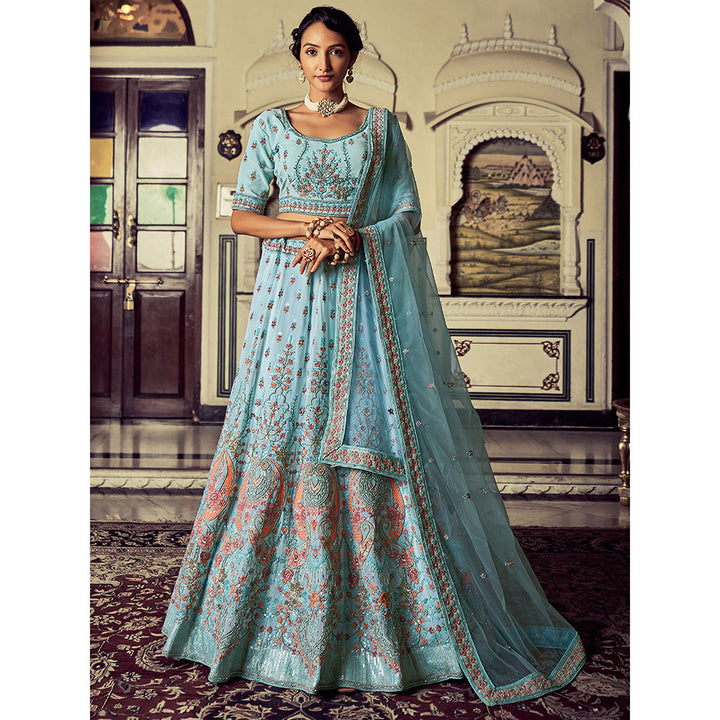 Odette Attractive Blue Georgette Embroidered Semi Stitched Lehenga With Unstitched Blouse (Set of 3)