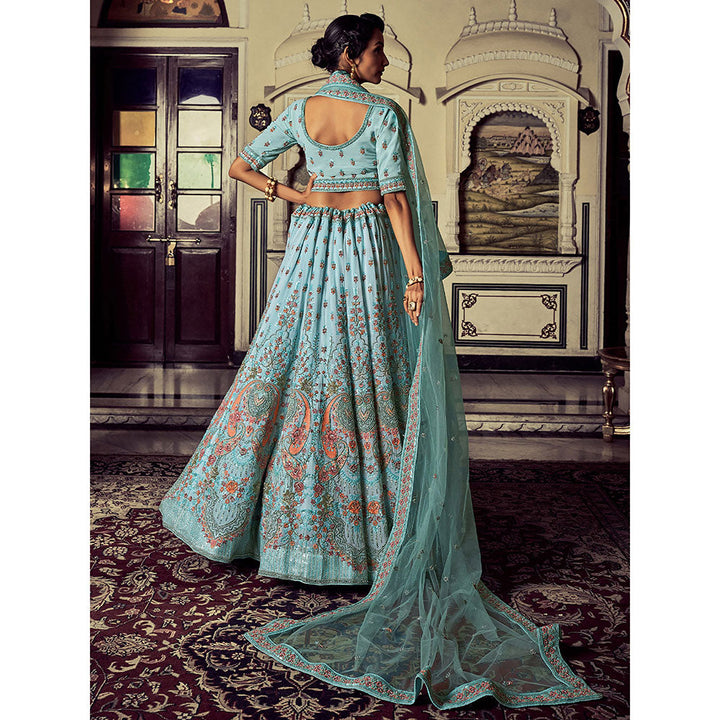 Odette Attractive Blue Georgette Embroidered Semi Stitched Lehenga With Unstitched Blouse (Set of 3)