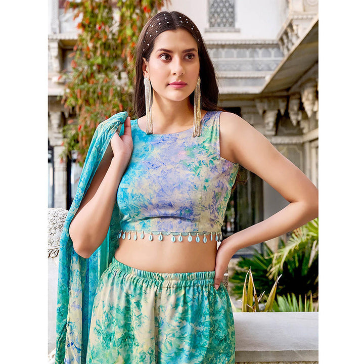 Odette Light Blue Silk Printed Stitched Indo Western Set (Set of 3)