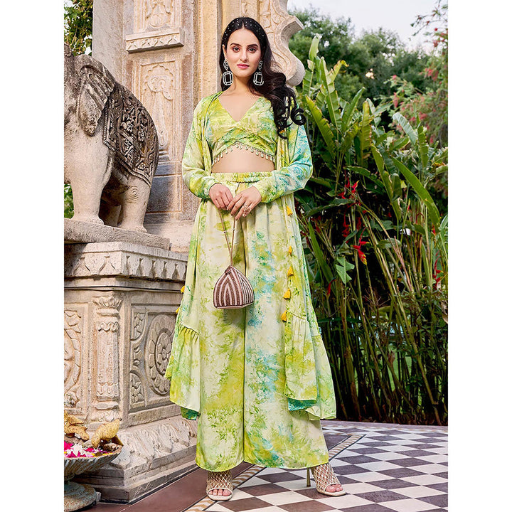 Odette Green Silk Printed Stitched Indo Western Set (Set of 3)