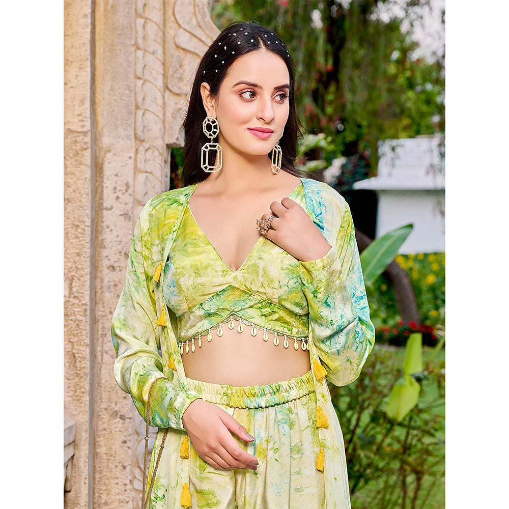 Odette Green Silk Printed Stitched Indo Western Set (Set of 3)