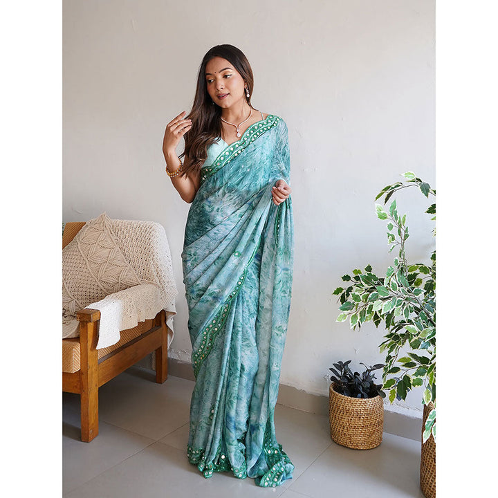 Odette Sea Green Satin Georgette Prism Print Saree with Unstitched Blouse