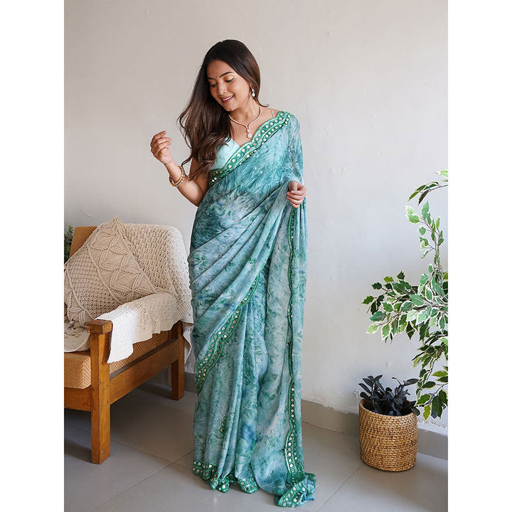 Odette Sea Green Satin Georgette Prism Print Saree with Unstitched Blouse