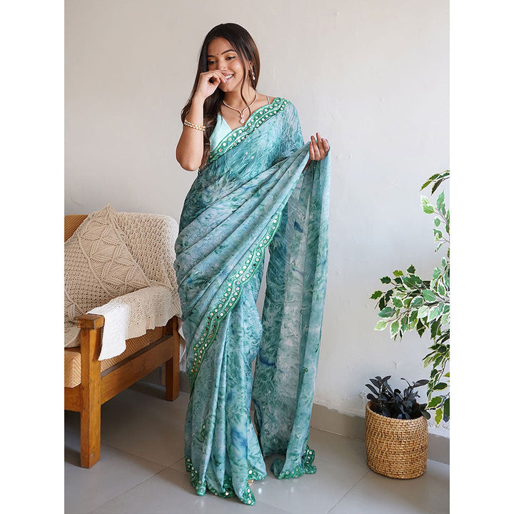 Odette Sea Green Satin Georgette Prism Print Saree with Unstitched Blouse