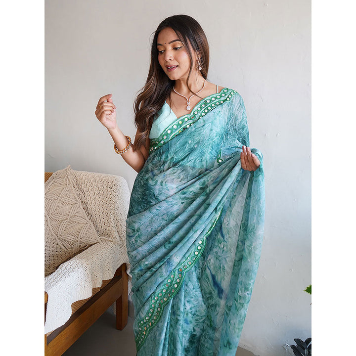 Odette Sea Green Satin Georgette Prism Print Saree with Unstitched Blouse