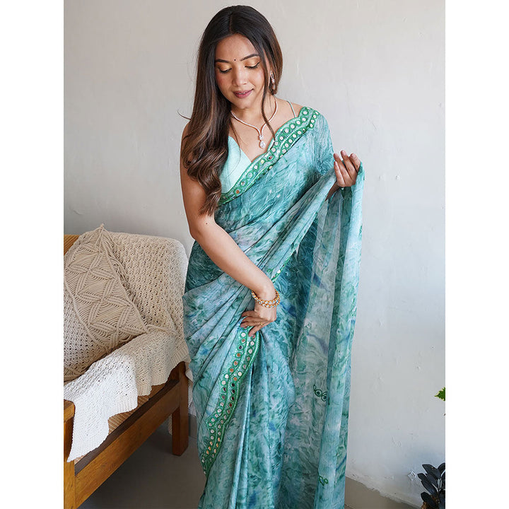 Odette Sea Green Satin Georgette Prism Print Saree with Unstitched Blouse