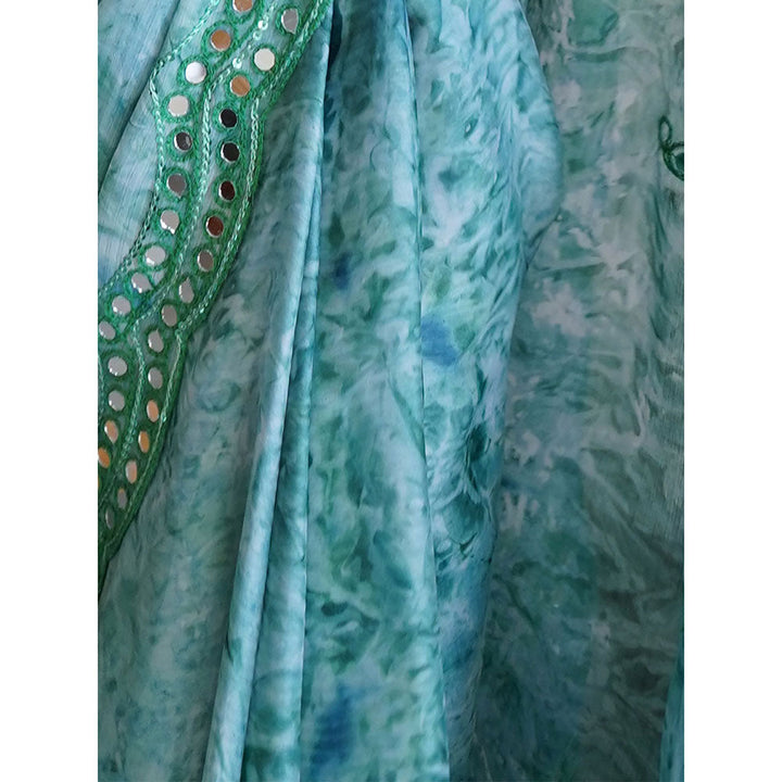 Odette Sea Green Satin Georgette Prism Print Saree with Unstitched Blouse