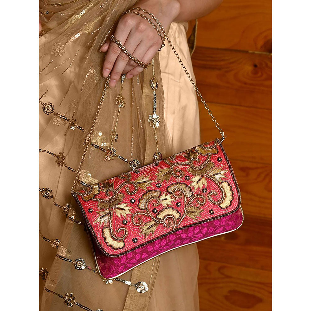 Odette Magenta and Gold Embroidered Bridal Clutch