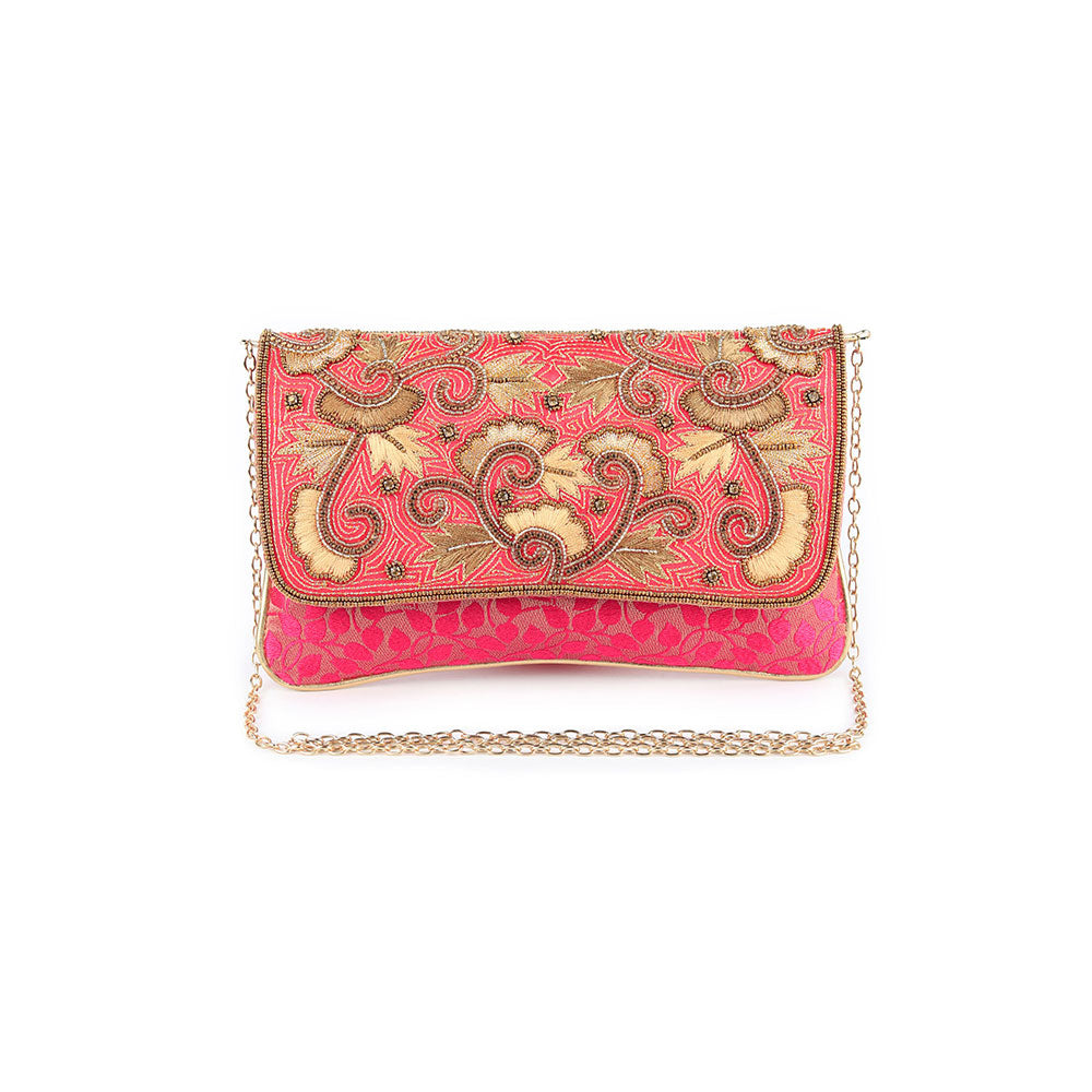 Odette Magenta and Gold Embroidered Bridal Clutch