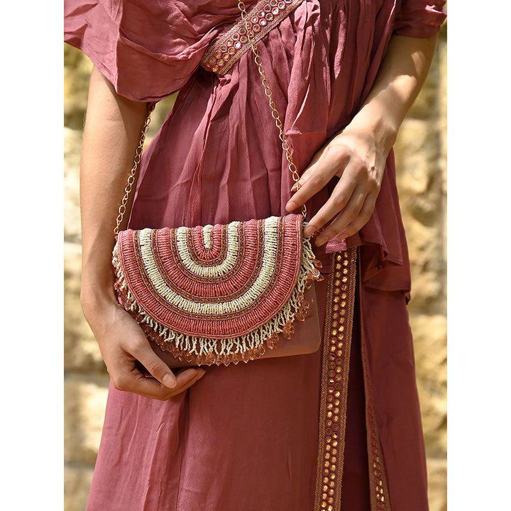 Odette Pink and White Embroidered Clutch