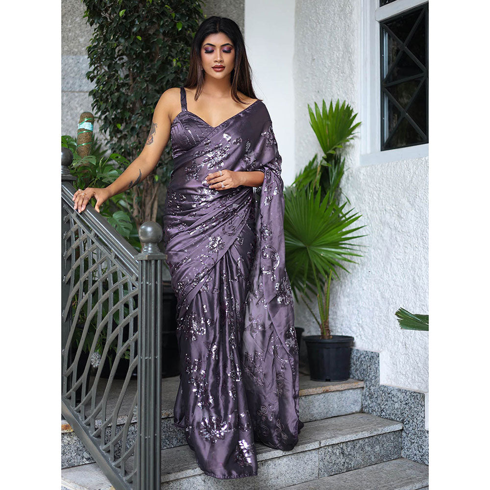 Odette Purple Sequin Saree with Unstitched Blouse