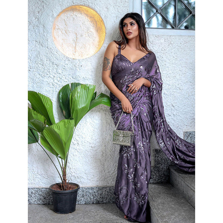 Odette Purple Sequin Saree with Unstitched Blouse