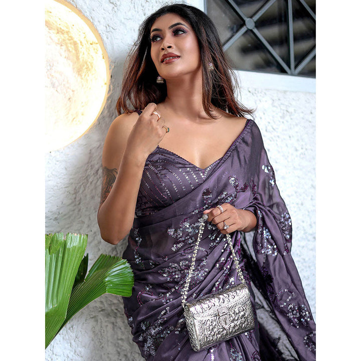 Odette Purple Sequin Saree with Unstitched Blouse