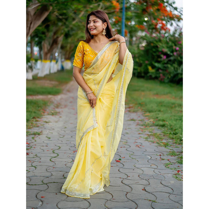 Odette Yellow Organza Embroidered Saree with Unstitched Blouse