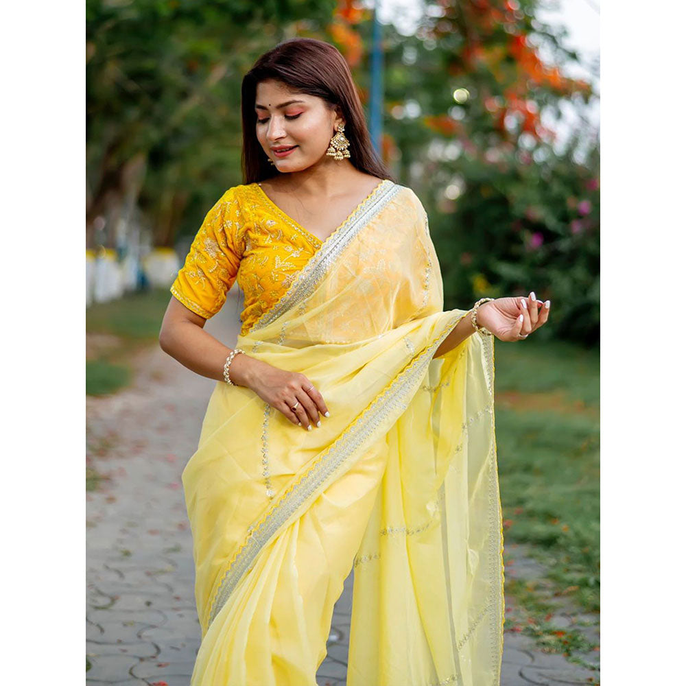 Odette Yellow Organza Embroidered Saree with Unstitched Blouse