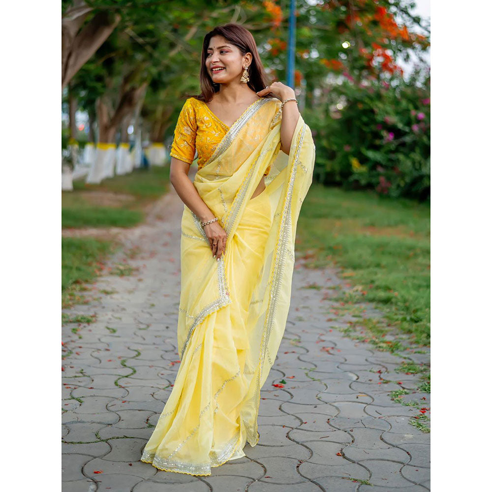 Odette Yellow Organza Embroidered Saree with Unstitched Blouse