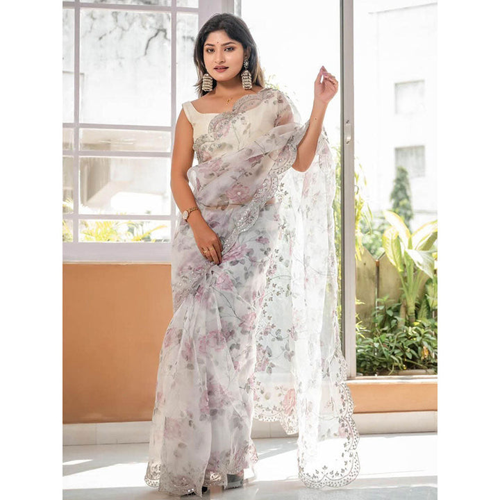 Odette White Organza Floral Print Saree with Unstitched Blouse