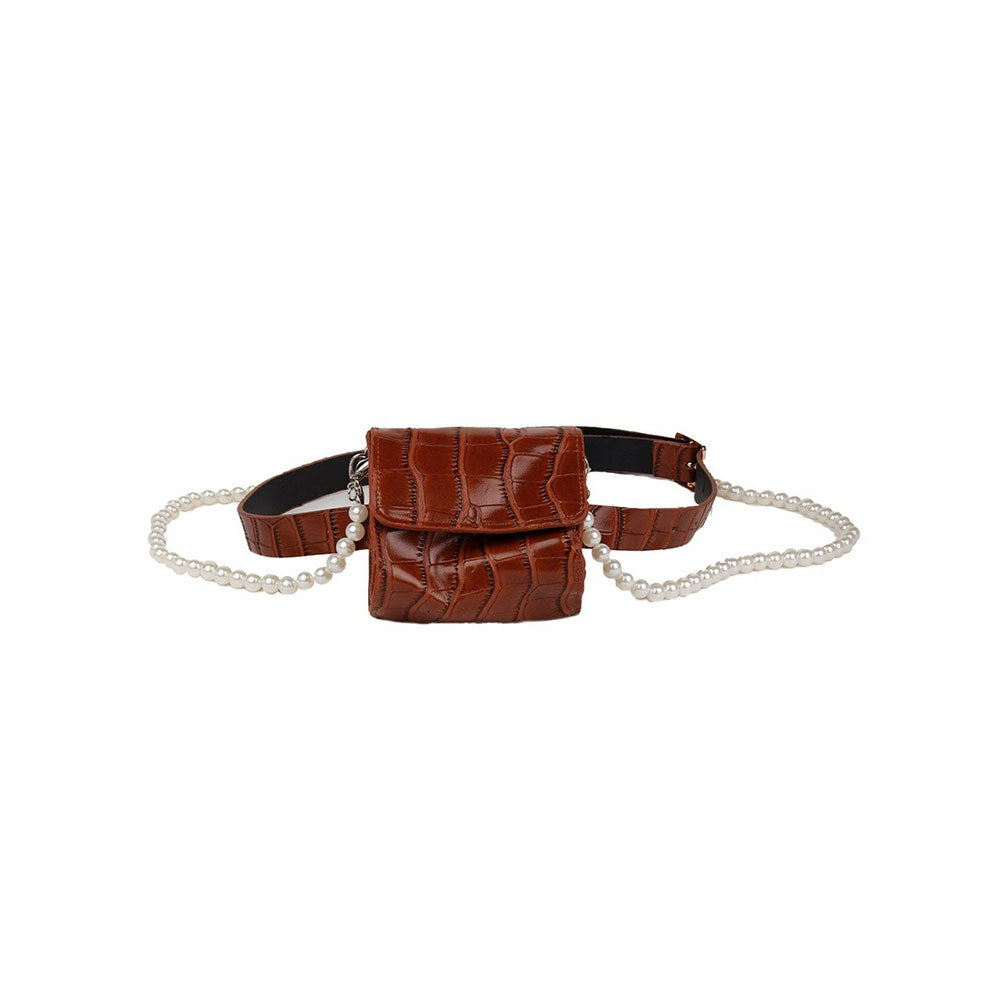 Odette Brown Crocodile Textured Double Pearl Belt Bag