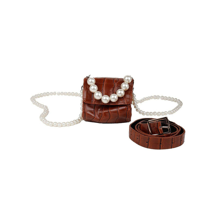 Odette Brown Crocodile Textured Double Pearl Belt Bag