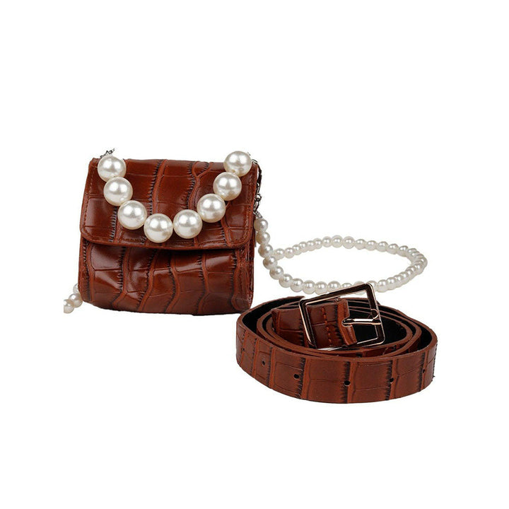 Odette Brown Crocodile Textured Double Pearl Belt Bag