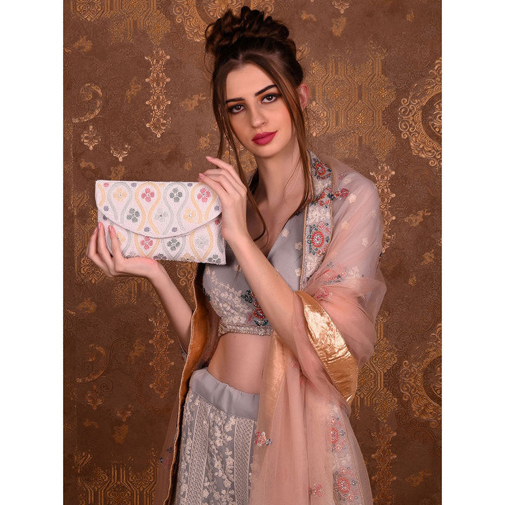 Odette White Cutdana Embellished Clutch Bag