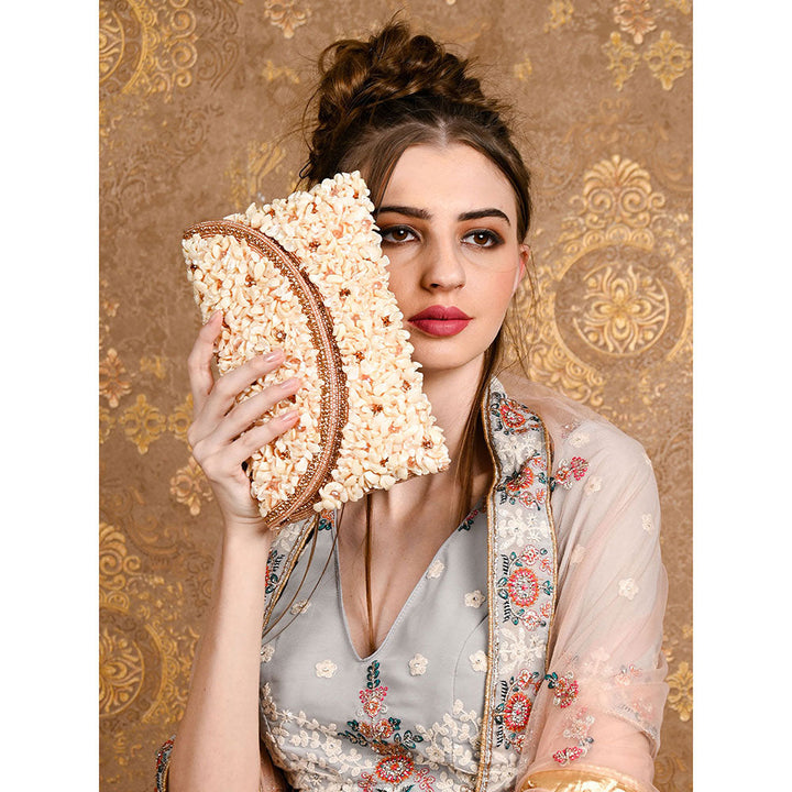 Odette White and Gold Embellished Clutch Bag