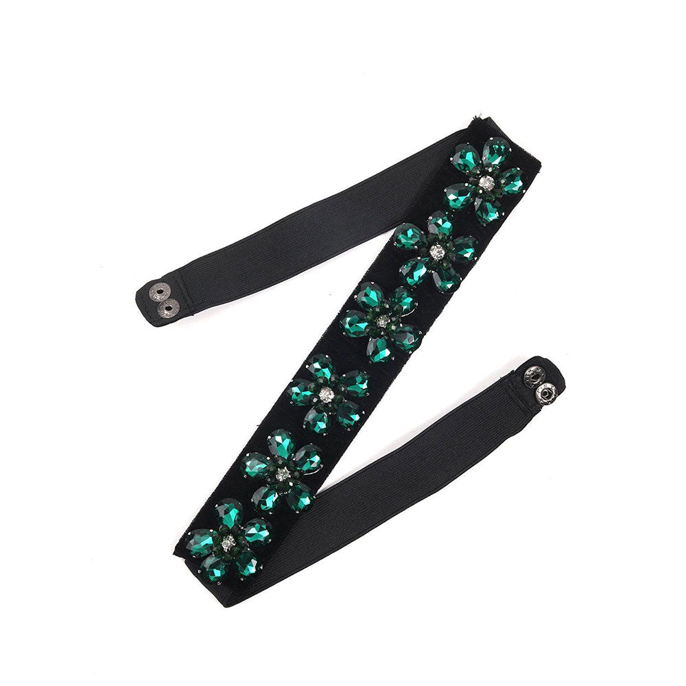 Odette Attractive Black Elasticated Belt With Green Rhine Stones!