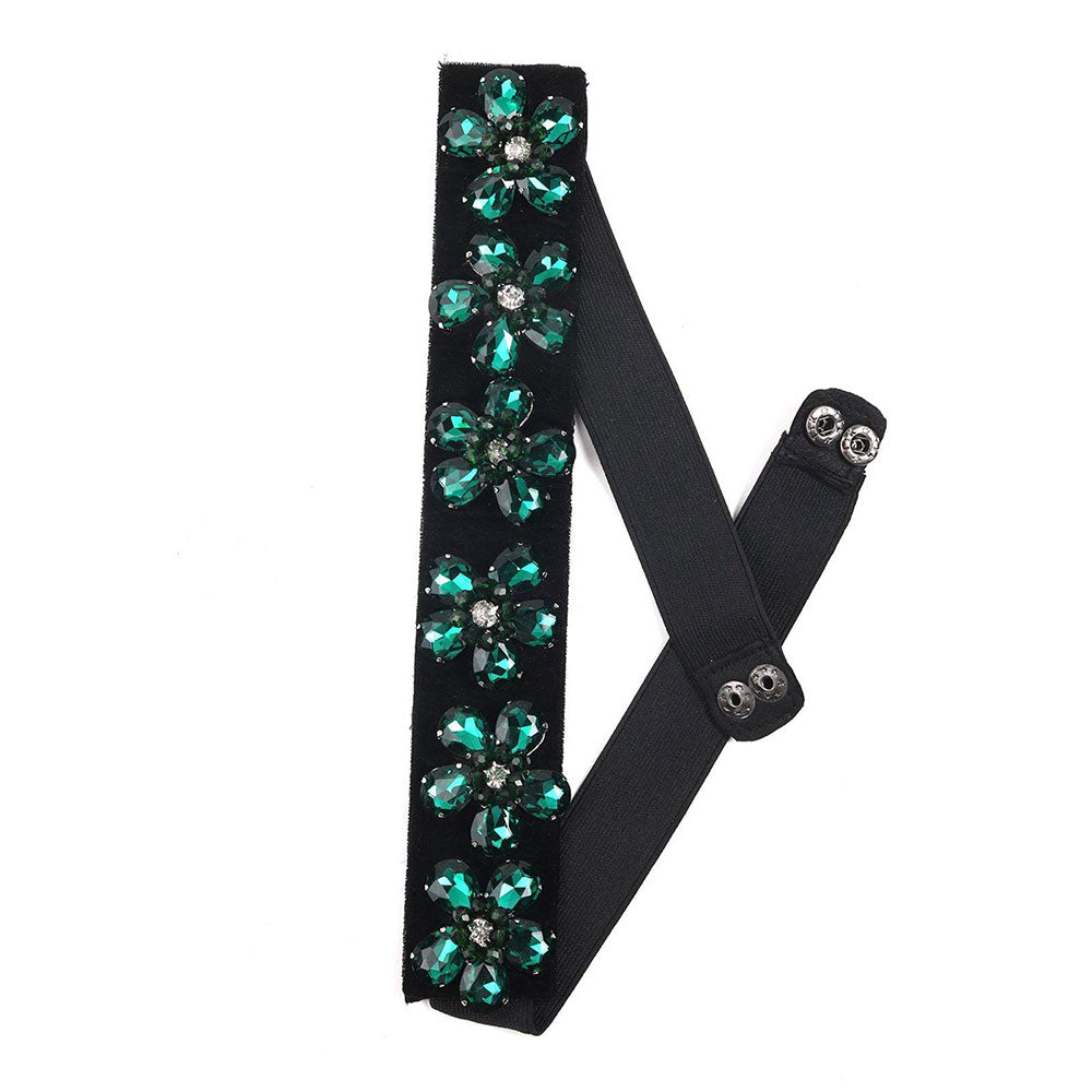 Odette Attractive Black Elasticated Belt With Green Rhine Stones!