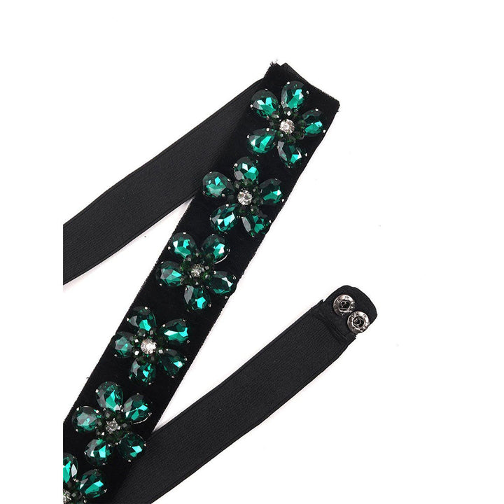 Odette Attractive Black Elasticated Belt With Green Rhine Stones!